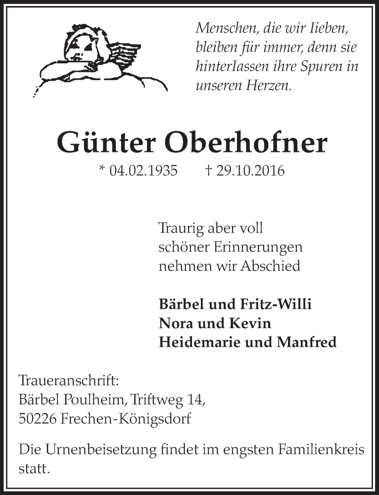  Traueranzeige für Günter Oberhofner vom 05.11.2016 aus  Sonntags-Post 