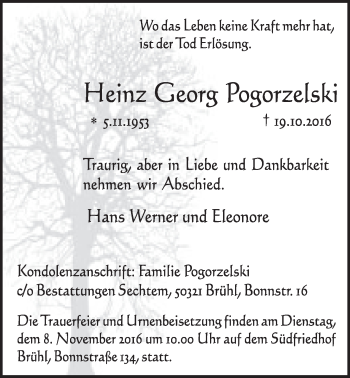 Anzeige von Heinz Georg Pogorzelski von  Schlossbote/Werbekurier 
