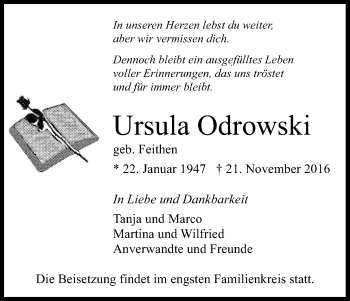 Anzeige von Ursula Odrowski von Kölner Stadt-Anzeiger / Kölnische Rundschau / Express