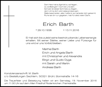 Anzeige von Erich Barth von Kölner Stadt-Anzeiger / Kölnische Rundschau / Express