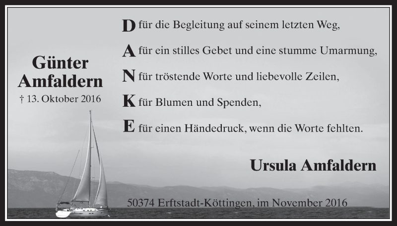  Traueranzeige für Günter Amfaldern vom 23.11.2016 aus  Werbepost 