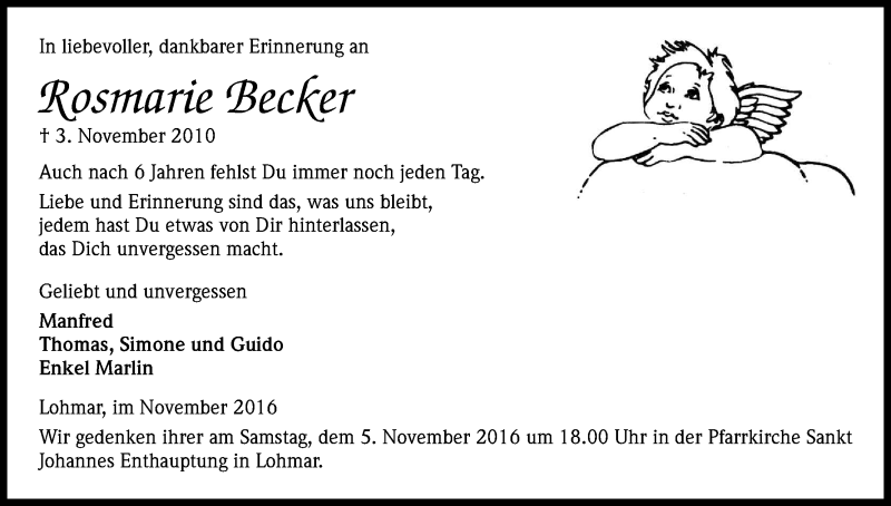  Traueranzeige für Rosmarie Becker vom 03.11.2016 aus Kölner Stadt-Anzeiger / Kölnische Rundschau / Express