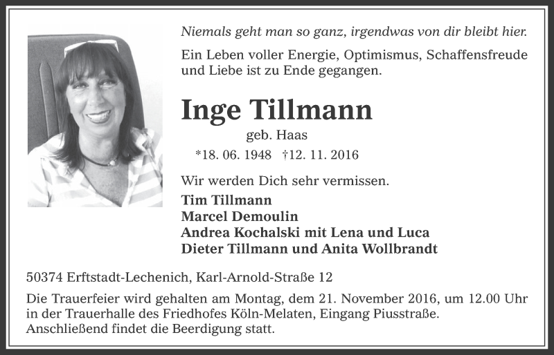  Traueranzeige für Inge Tillmann vom 16.11.2016 aus  Werbepost 