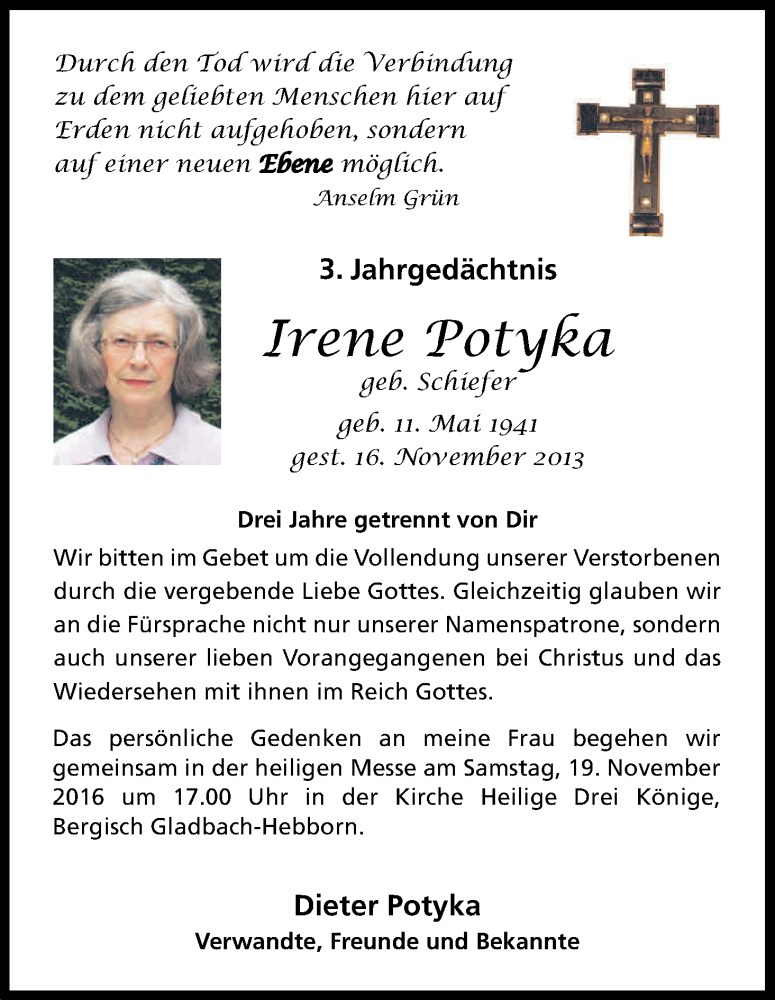  Traueranzeige für Irene Potyka vom 12.11.2016 aus Kölner Stadt-Anzeiger / Kölnische Rundschau / Express