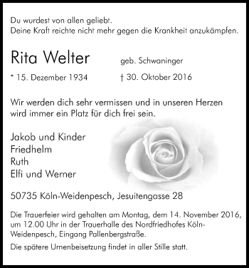 Anzeige von Rita Welter von Kölner Stadt-Anzeiger / Kölnische Rundschau / Express