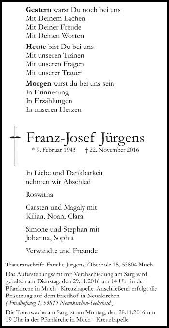 Anzeige von Franz-Josef Jürgens von Kölner Stadt-Anzeiger / Kölnische Rundschau / Express