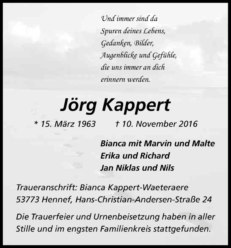  Traueranzeige für Jörg Kappert vom 19.11.2016 aus Kölner Stadt-Anzeiger / Kölnische Rundschau / Express