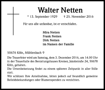 Anzeige von Walter Netten von Kölner Stadt-Anzeiger / Kölnische Rundschau / Express