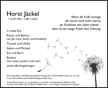 Anzeige von Horst Jäckel von Kölner Stadt-Anzeiger / Kölnische Rundschau / Express