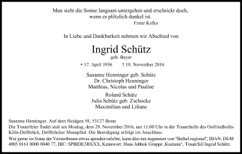 Anzeige von Ingrid Schütz von Kölner Stadt-Anzeiger / Kölnische Rundschau / Express