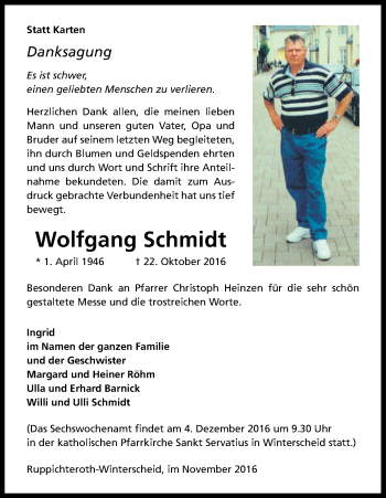 Anzeige von Wolfgang Schmidt von Kölner Stadt-Anzeiger / Kölnische Rundschau / Express