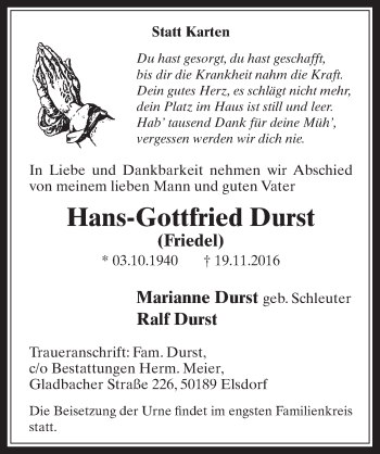 Anzeige von Hans-Gottfried Durst von  Werbepost 