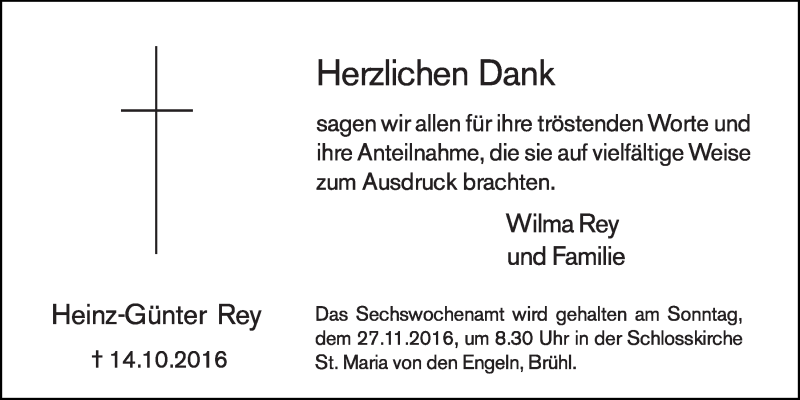  Traueranzeige für Heinz-Günter Rey vom 23.11.2016 aus  Schlossbote/Werbekurier 