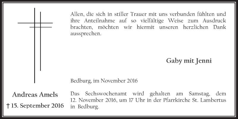  Traueranzeige für Andreas Amels vom 02.11.2016 aus  Werbepost 