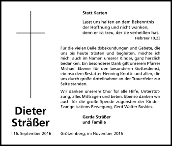 Anzeige von Dieter Sträßer von Kölner Stadt-Anzeiger / Kölnische Rundschau / Express