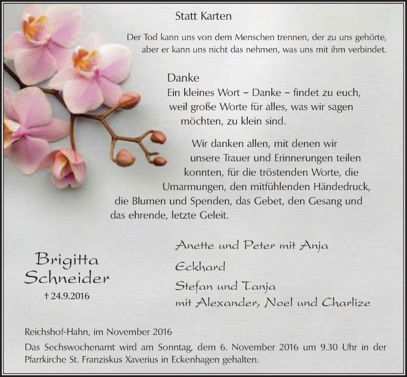  Traueranzeige für Brigitta Schneider vom 02.11.2016 aus  Anzeigen Echo 