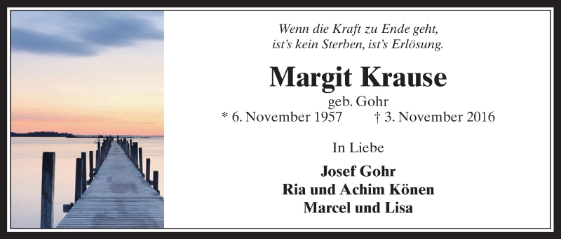  Traueranzeige für Margit Krause vom 09.11.2016 aus  Werbepost 