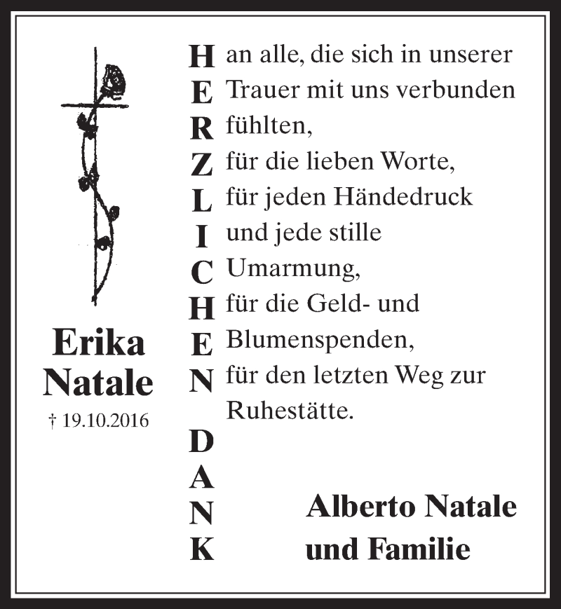  Traueranzeige für Erika Natale vom 05.11.2016 aus  Sonntags-Post 