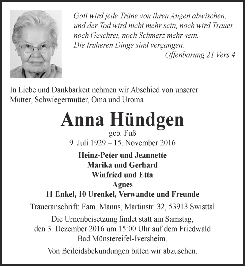  Traueranzeige für Anna Hündgen vom 26.11.2016 aus  Schaufenster/Blickpunkt am Wochenende 