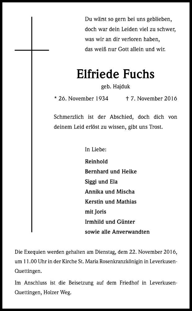  Traueranzeige für Elfriede Fuchs vom 19.11.2016 aus Kölner Stadt-Anzeiger / Kölnische Rundschau / Express
