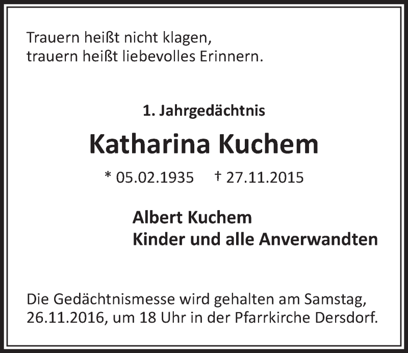  Traueranzeige für Katharina Kuchem vom 23.11.2016 aus  Schaufenster/Blickpunkt 
