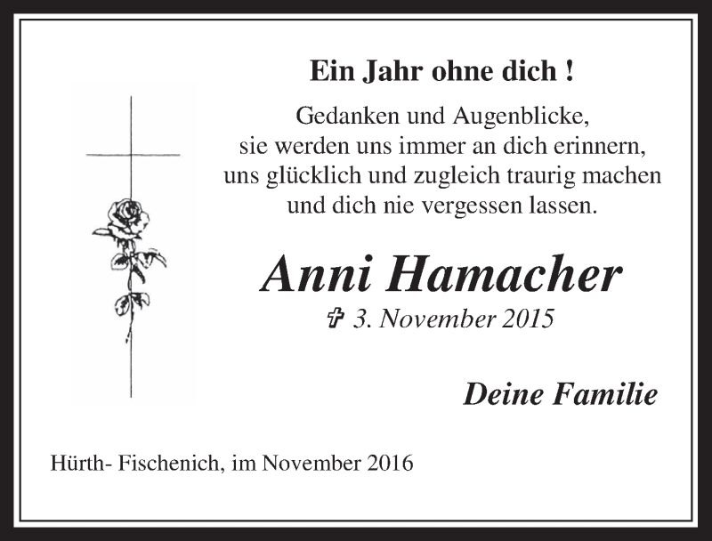  Traueranzeige für Anni Hamacher vom 02.11.2016 aus  Wochenende 