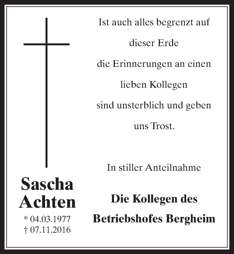  Traueranzeige für Sascha Achten vom 16.11.2016 aus  Werbepost 