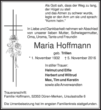 Anzeige von Maria Hoffmann von  Sonntags-Post 