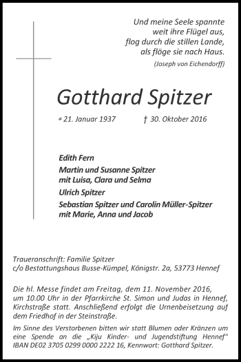 Anzeige von Gotthard Spitzer von Kölner Stadt-Anzeiger / Kölnische Rundschau / Express