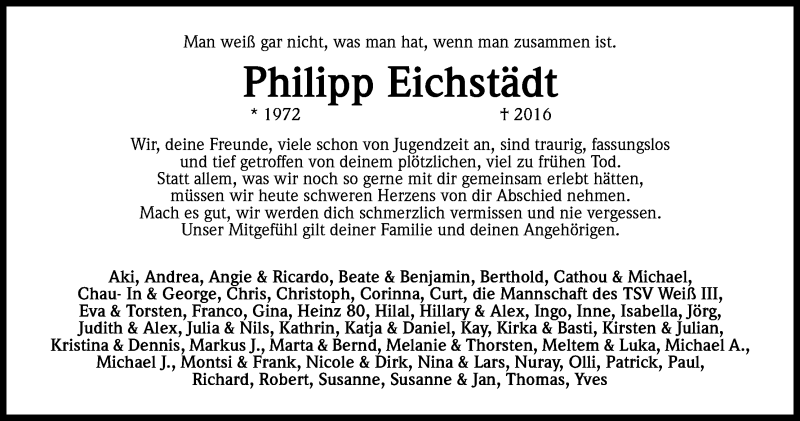  Traueranzeige für Philipp Eichstädt vom 12.11.2016 aus Kölner Stadt-Anzeiger / Kölnische Rundschau / Express