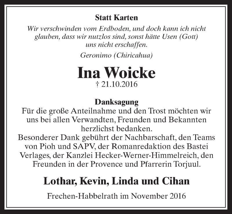  Traueranzeige für Ina Woicke vom 09.11.2016 aus  Wochenende 