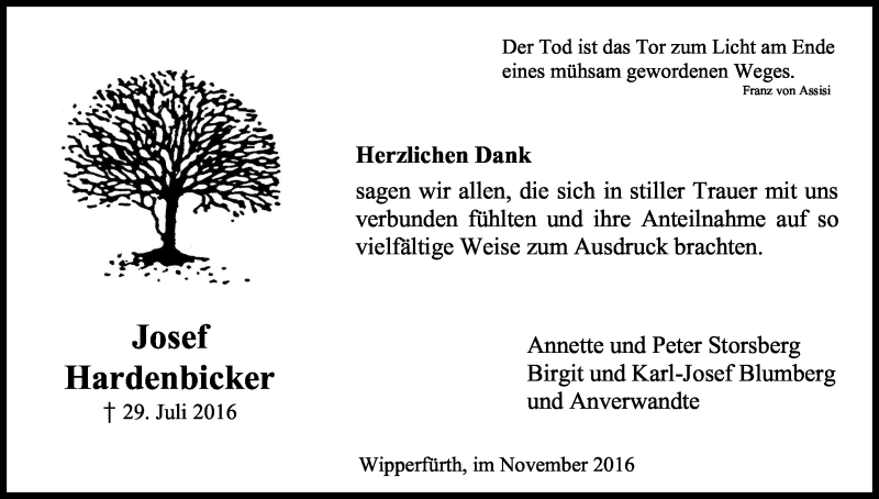  Traueranzeige für Josef Hardenbicker vom 05.11.2016 aus Kölner Stadt-Anzeiger / Kölnische Rundschau / Express