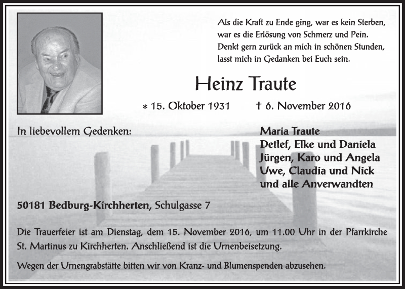  Traueranzeige für Heinz Traute vom 12.11.2016 aus  Sonntags-Post 