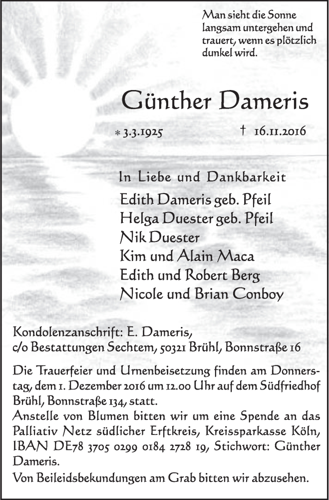  Traueranzeige für Günther Dameris vom 30.11.2016 aus  Schlossbote/Werbekurier 