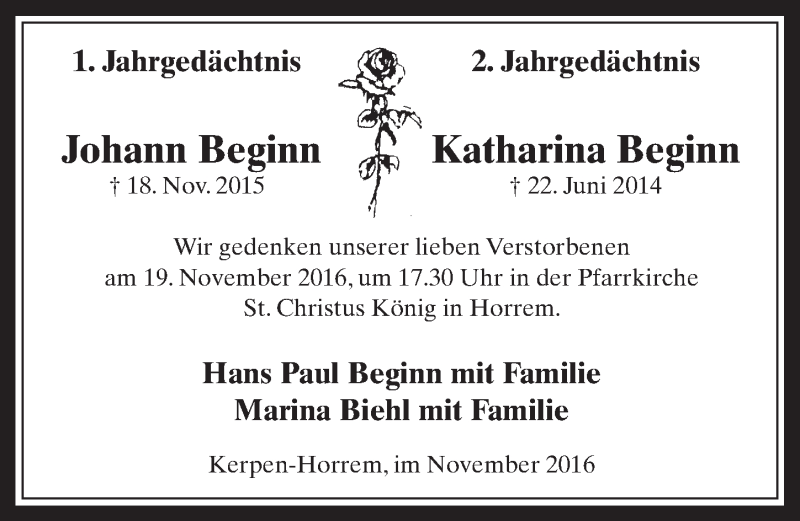  Traueranzeige für Johann und Katharina Beginn vom 09.11.2016 aus  Werbepost 