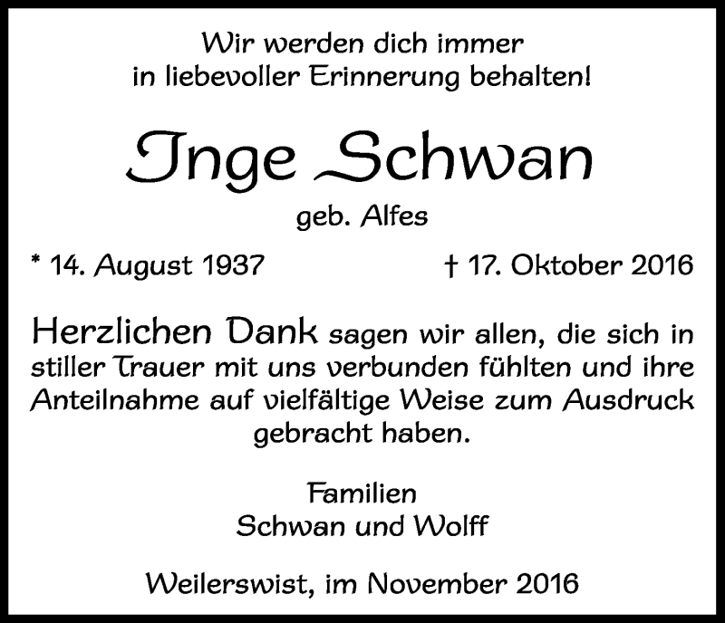  Traueranzeige für Inge Schwan vom 12.11.2016 aus Kölner Stadt-Anzeiger / Kölnische Rundschau / Express