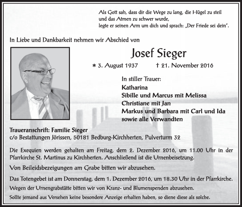  Traueranzeige für Josef Sieger vom 26.11.2016 aus  Sonntags-Post 
