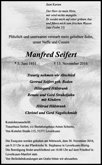 Anzeige von Manfred Seifert von Kölner Stadt-Anzeiger / Kölnische Rundschau / Express