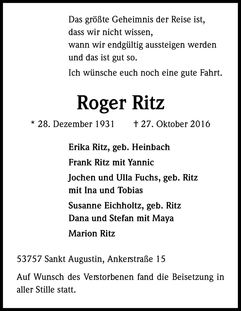  Traueranzeige für Roger Ritz vom 12.11.2016 aus Kölner Stadt-Anzeiger / Kölnische Rundschau / Express