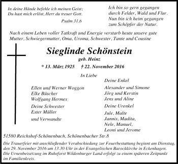 Anzeige von Sieglinde Schönstein von Kölner Stadt-Anzeiger / Kölnische Rundschau / Express