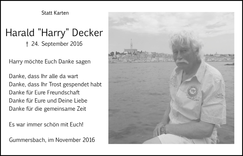  Traueranzeige für Harald Decker vom 23.11.2016 aus  Anzeigen Echo 