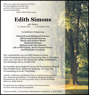 Anzeige von Edith Simons von Kölner Stadt-Anzeiger / Kölnische Rundschau / Express