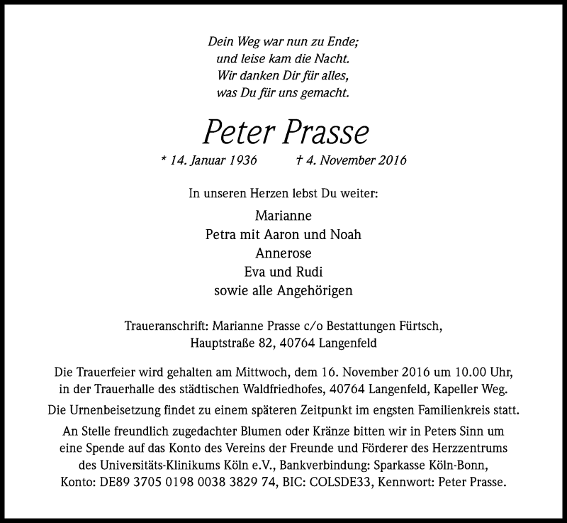  Traueranzeige für Peter Prasse vom 12.11.2016 aus Kölner Stadt-Anzeiger / Kölnische Rundschau / Express