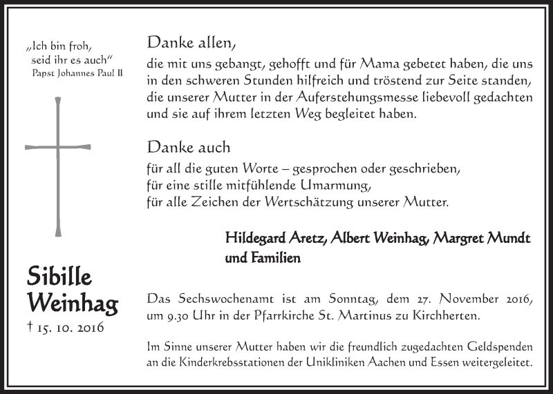  Traueranzeige für Sibille Weinhag vom 16.11.2016 aus  Werbepost 