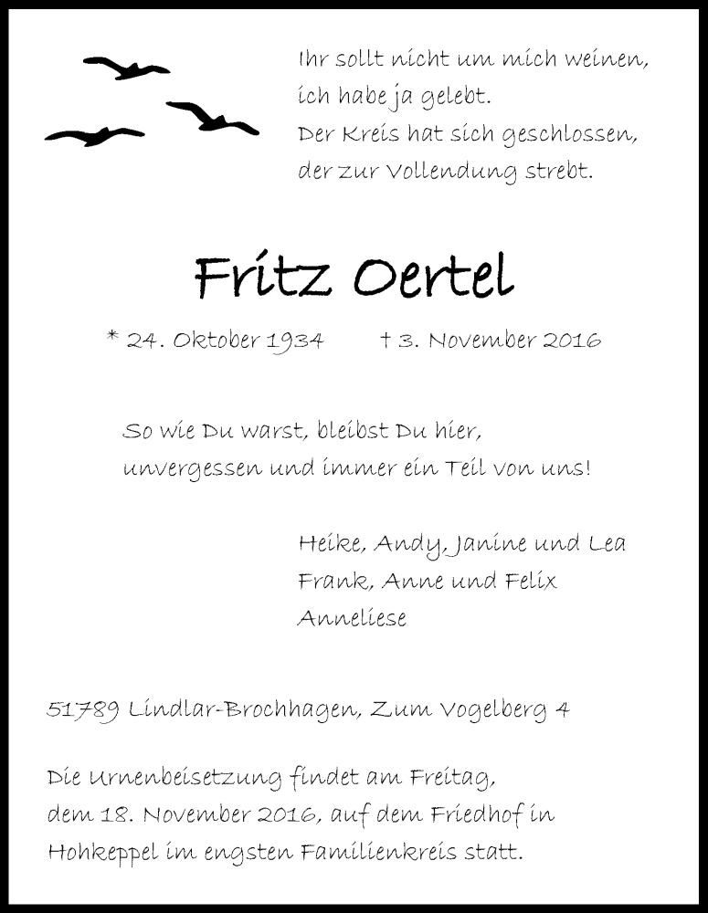  Traueranzeige für Fritz Oertel vom 12.11.2016 aus Kölner Stadt-Anzeiger / Kölnische Rundschau / Express