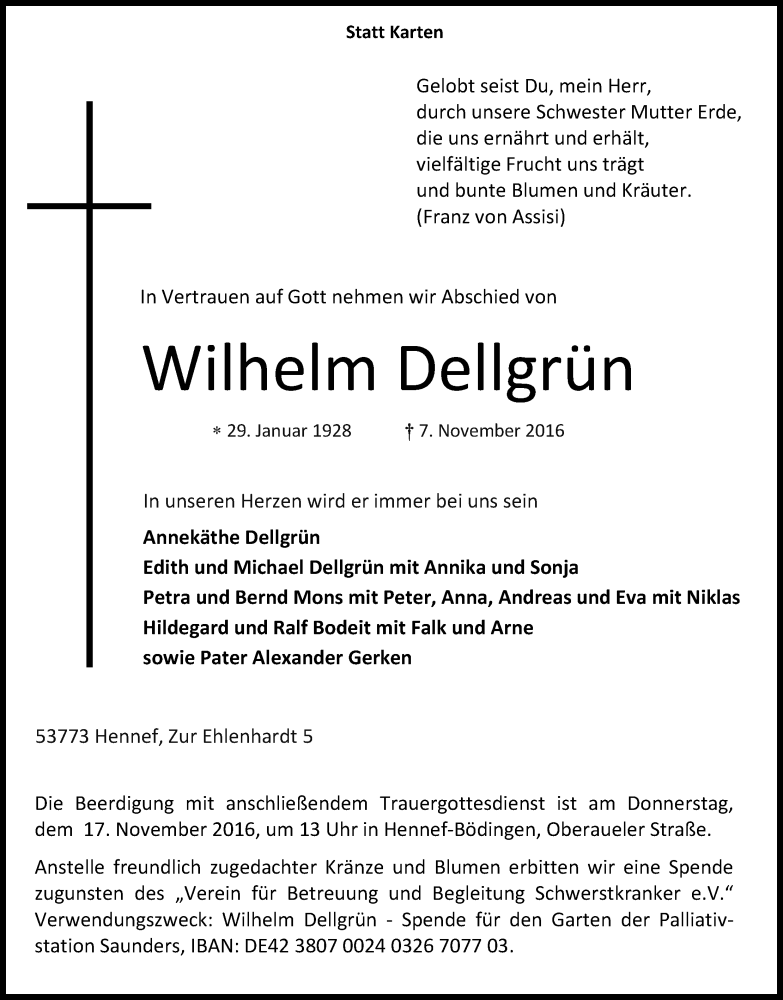  Traueranzeige für Wilhelm Dellgrün vom 15.11.2016 aus Kölner Stadt-Anzeiger / Kölnische Rundschau / Express