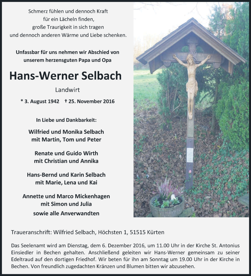  Traueranzeige für Hans-Werner Selbach vom 30.11.2016 aus Kölner Stadt-Anzeiger / Kölnische Rundschau / Express