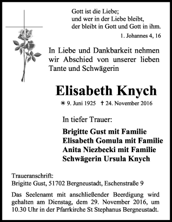 Anzeige von Elisabeth Knych von Kölner Stadt-Anzeiger / Kölnische Rundschau / Express