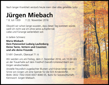 Anzeige von Jürgen Miebach von Kölner Stadt-Anzeiger / Kölnische Rundschau / Express