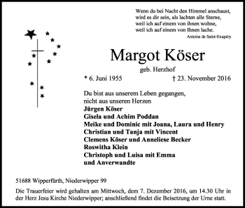 Anzeige von Margot Köser von Kölner Stadt-Anzeiger / Kölnische Rundschau / Express